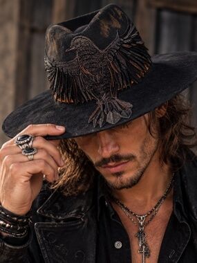 Wyeth Black Wool Custom Made Raven Embroidered Wide-Brim Fedora Hat
